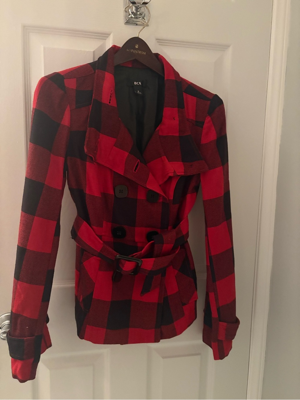 BCX Red and Black Plaid Belted Pea Coat